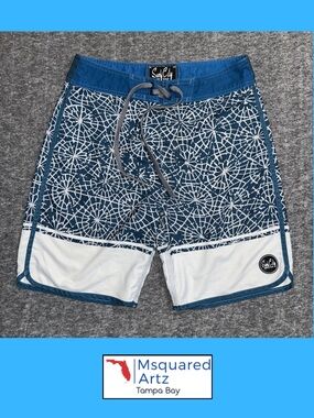 Sun City Surf Shop Board Shorts Green Gray Geometric Men's 29 Swim Trunks